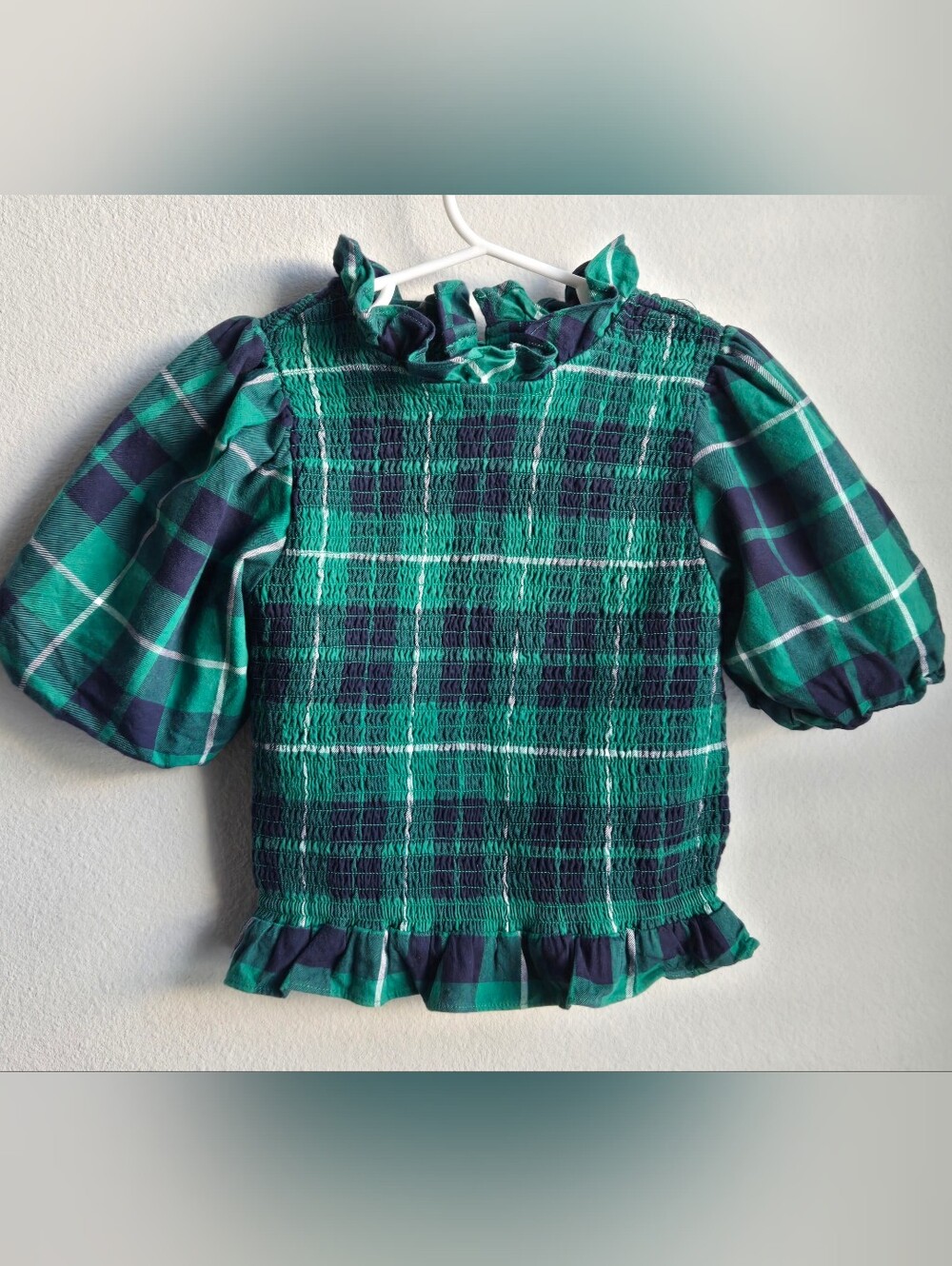 Janie and Jack Green and Navy Plaid Smocked Ruffle Top, Sz 8